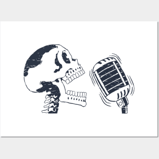 Singing Skull Retro Black Colored Distressed Line art Posters and Art